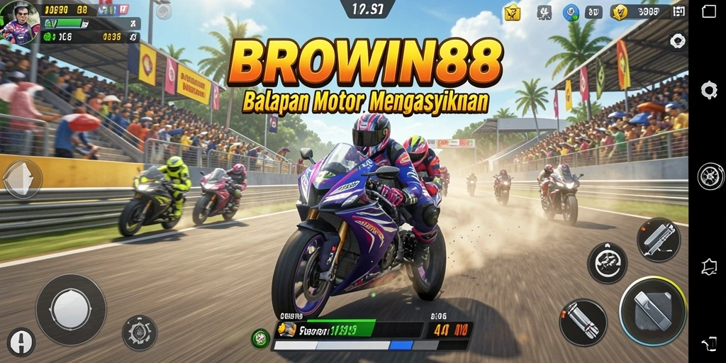 Screenshot dari gameplay seru di BROWIN88 dengan balapan motor yang mendebarkan.
